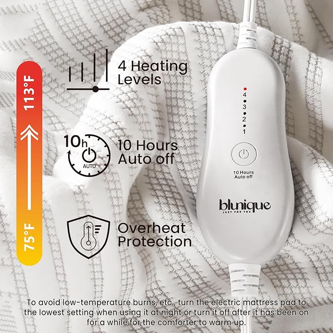 Electric Heated Mattress Pad Full Size Single Control Bed Warmer, Deep Pocket, Side Storage Pouch for Controller, Machine Washable, 3D Air Layer Fabric, 54"x75", Grey