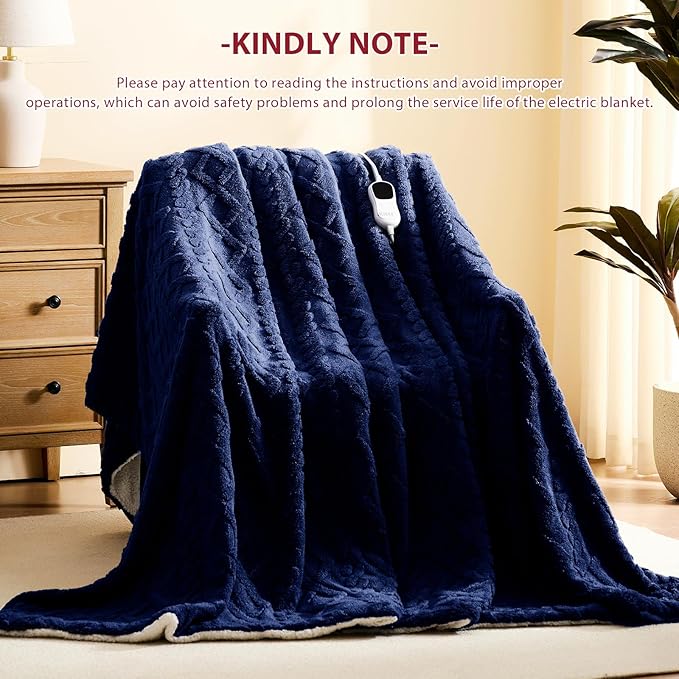 Heated Electric Blanket Twin Size-62"x84" Heating Blanket with 10 Heating Levels & 5 Time Settings Over-Heat Protection，Winter Warmer for Adults with ETL Certification（Navy Blue）