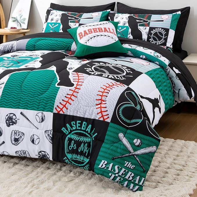 A Nice Night Sports Geometric Grid Black Patchwork Baseball Printed for Boys Twin 6Pcs Bed in A Bag Comforter Bedding Set,Green