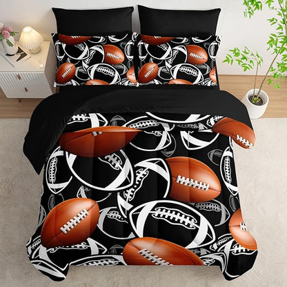 Cartoon Rugby Comforter Set 7Pcs Sports Brown Rugby American Football Bedding Set for Kid Teen Girl Boy Black White Rugby Quilt Bed Decor Queen with 2 Sheets,2 Pillowcases,2 Throw Pillow Covers