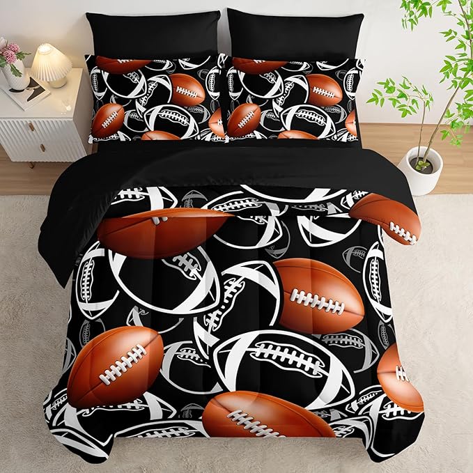 Cartoon Rugby Comforter Set 7Pcs Sports Brown Rugby American Football Bedding Set for Kid Teen Girl Boy Black White Rugby Quilt Bed Decor Twin with 2 Sheets,2 Pillowcases,2 Throw Pillow Covers