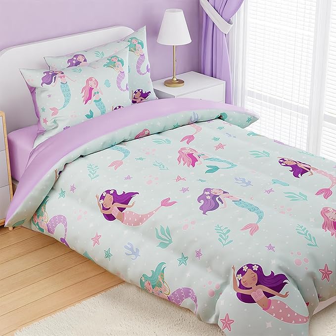 SANDJEST Mermaid Comforter Set Full Size 98x86in for Kids Girls, Microfiber 4 Pcs Bedding Set Includes 1 Comforter, 2 Pillowcases, 1 Fitted Sheet, Nursery Room Decor