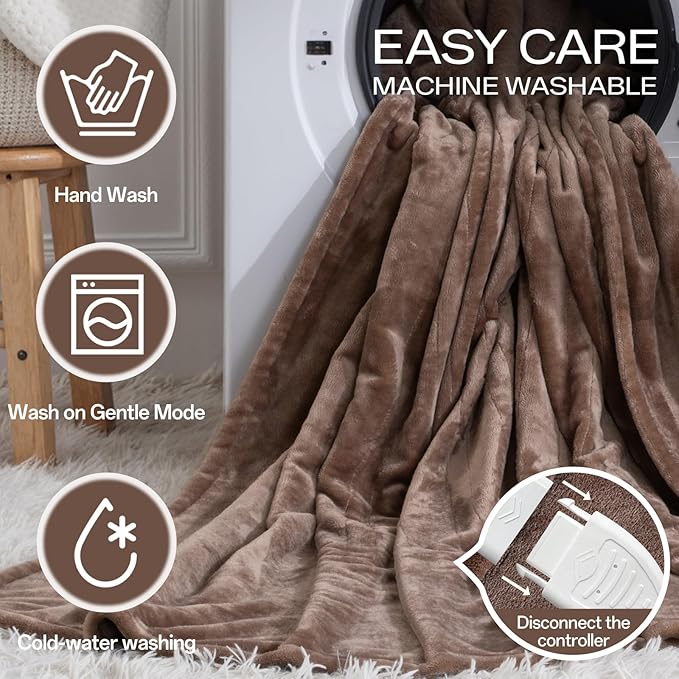 Heated Blanket Twin Size, Electric Blanket with 1-10 hrs Timer Auto-Off & 8 Heating Levels, Double-Layer Flannel Heating Blanket with ETL Certification, Machine Washable (62”x 84”, Brown)