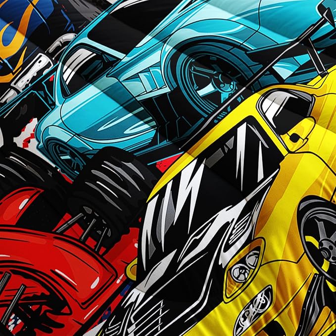 AILONEN Racing Car Comforter Set Twin Size, Cool Speed Race Car Bedding Sets for Kids Boys,Automobile Extreme Sport Duvet Set,Checkered Squares Quilt Set,3 Pieces,1 Quilt and 2 Pillowcases,Microfibre