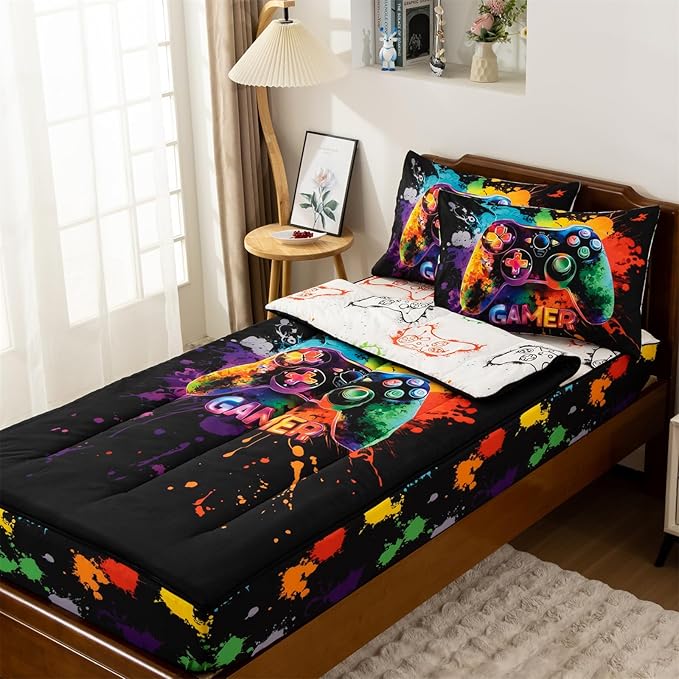 Holawakaka Kids Zipper Bedding Gaming Comforter Set, Boys Girls Twin Size Splashed Gamer Print Zippered Bed Sets, Child Cartoon Dorm Zip Bedding