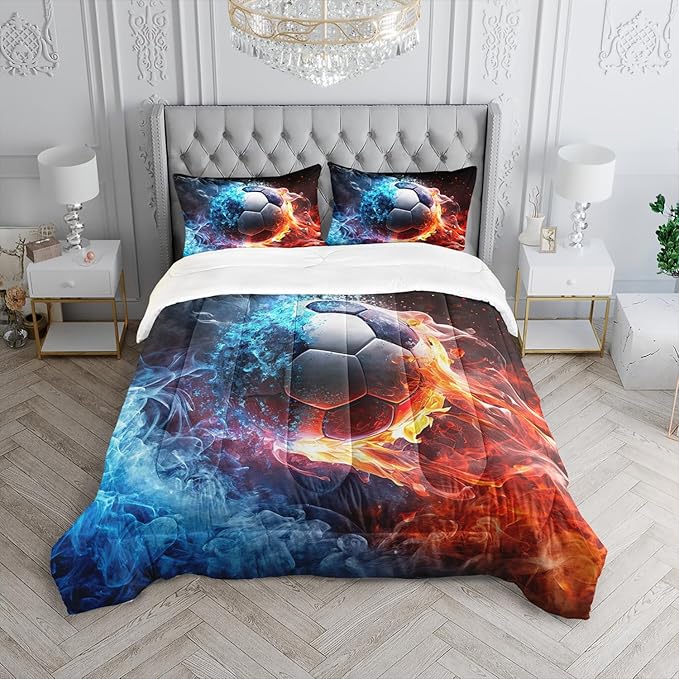 Soccer Print Themed Comforter 3Pcs Full Gaming Sport Soccer Bedding Set for Kid Teen Girl Boy Adult Balls Sports Games Ice and Fire Football Quilt Room Decor with 1 Comforter and 2 Pillowcases