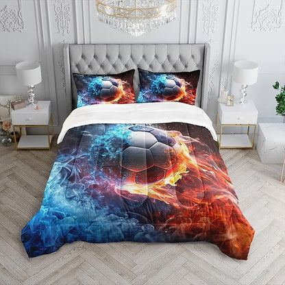 Soccer Print Themed Comforter 3Pcs Queen Gaming Sport Soccer Bedding Set for Kid Teen Girl Boy Adult Balls Sports Games Ice and Fire Football Quilt Room Decor with 1 Comforter and 2 Pillowcases