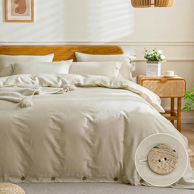 JELLYMONI Cotton Duvet Cover Full Size - Light Khaki Comforter Cover with Button 100% Washed Cotton 3PCS Breathable Soft Solid Bedding Set Duvet Cover 80×90in & 2 Pillowcases (NO Comforter)
