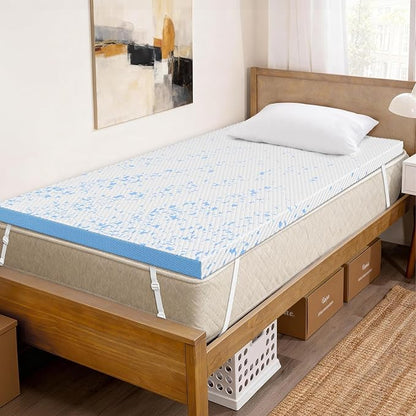OhGeni Medium Feel Twin XL Cooling Gel Memory Foam Mattress Topper Pad, Washable Bed Cover with Anti-Slip Base,Zipper & Straps,Extra Comfort & Back Pain Relief,College Dorm Room Essential
