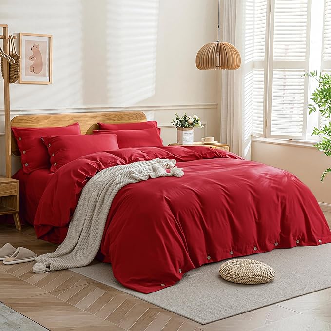 JELLYMONI Cotton Duvet Cover Full Size - Crimson Red Comforter Cover with Button 100% Washed Cotton 3PCS Breathable Soft Solid Bedding Set Duvet Cover 80×90in & 2 Pillowcases (NO Comforter)