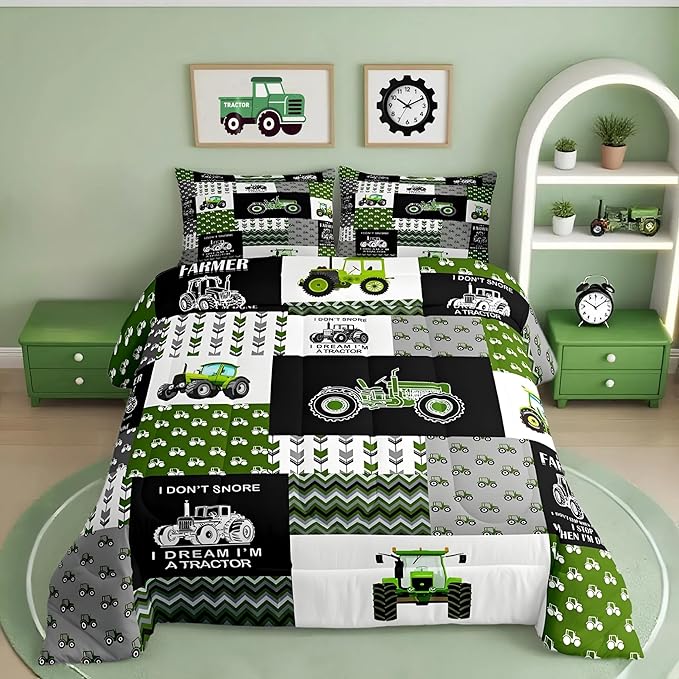 Feelyou Tractor Comforter Set Cartoon Farm Tractor Down Duvet for Kids Boys Girls Truck Car Bedding Set Harvester Excavator Comforter Green 1 Comforter Set with 2 Pillowcases King Size