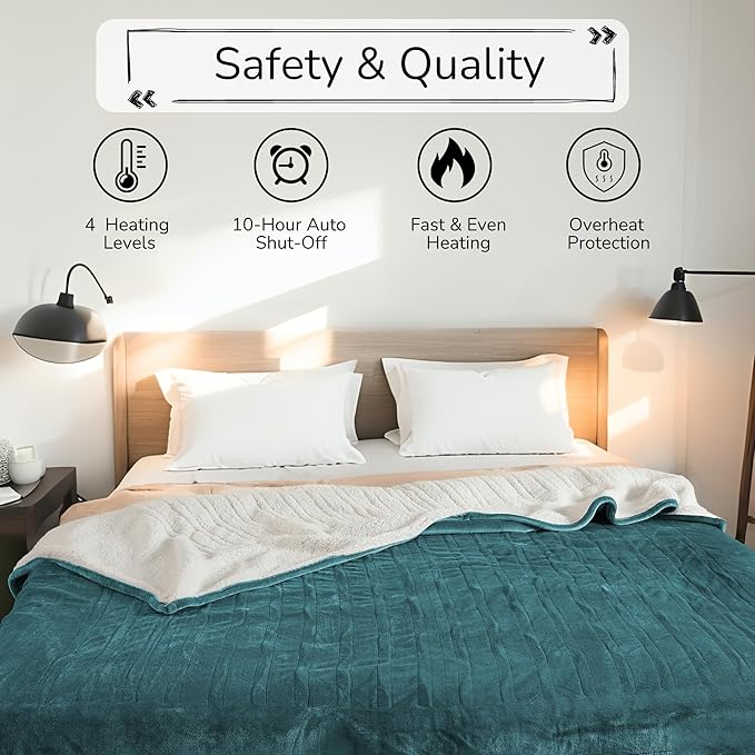Electric Heated Blanket King Size 90"x100" - Dual-Sided with Microplush & Sherpa Fabric, 4 Heat Settings & 10 Hours Auto Off, Dual Controller, Machine Washable - Teal Green