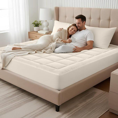 OLANLY Queen Quilted Fitted Mattress Pad – Soft Pillow Top Mattress Topper, Down Alternative Fill, Cooling Comfort Breathable Mattress Cover, Machine Washable Deep Pocket Mattress Protector, Ivory
