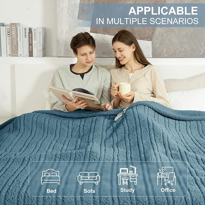 Electric Blanket Queen Size Single Control - Soft Double Sided Sherpa Heated Blanket with 6 Fast Heating Levels & 10 hrs Timer Settings, Washable & Overheat Protection for Bed, Blue