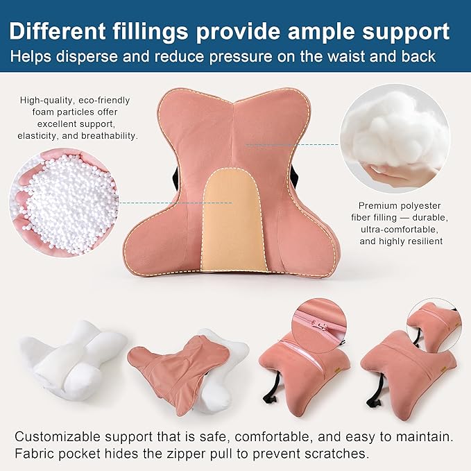 Lumbar Support Pillow for Lower Back Pain Relief – Multi-Functional Ergonomic Lumbar Cushion, Reading Pillow for Office Chair, Car Seat & Sofa,Blush Pink