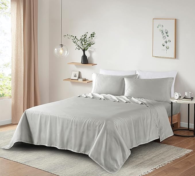 100 Supima Cotton Sheets 600 Thread Count,Bed Sheet Set Queen Sheets 4 Pieces,Soft & Silky Sateen Weave, Fits Mattress Up to 18'',Deep Pocket, Breathable & Fade Resistant(Silver Grey,Queen)