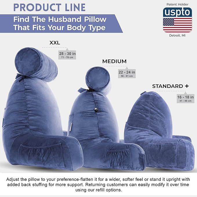 Husband Pillow XXL - Reading Pillow Bed Chair with Arms & Back Support - Dark Blue - Back Pillow for Beds Sitting Up - Bed Rest Arm Pillow - Comfy Reading Pillow for Adults
