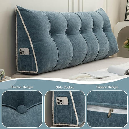Headboard Pillow Twin, Chenille Triangular Wedge Pillow Headboard Twin Size, Reading Setting Backrest Daybed Pillows for Bed Sofa with Removable Coverr, Blue