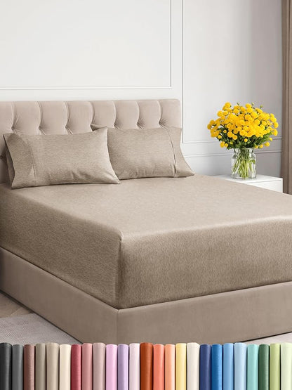 Extra Deep Twin Sheet Set - 4 Piece Breathable and Cooling Sheets - Hotel Luxury Bed Sheets Set - Easy Fit - Soft, Wrinkle Free and Comfy Sheets Set - Heathered Beige Sheet Set with Extra Deep Pockets