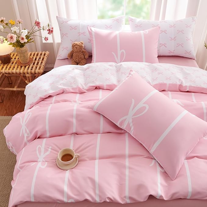 Pink Bow Duvet Cover Twin Coquette Bedding Set for Girls Kids Cute Princess Style Bowknot Bedding Ultra Soft Microfiber Duvet Cover Set with 1 Pillowcase(No Comforter)
