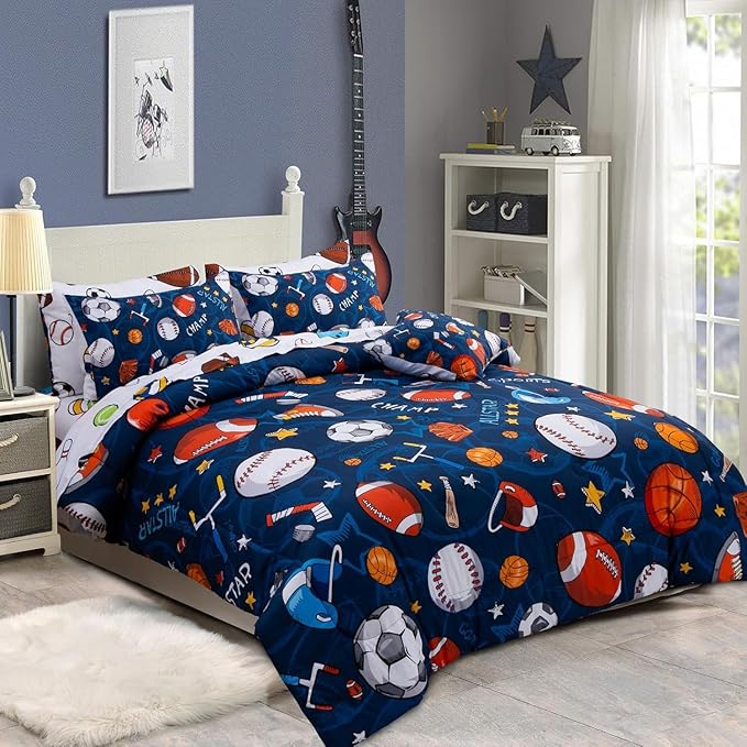 A Nice Night 6Pcs Bed in A Bag Queen Sports Microfiber Modern Comforter Set,Navy Rugby Ball Printed Bedding Collections,for Boys Kids Teen