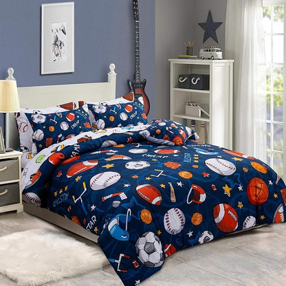 A Nice Night 6Pcs Bed in A Bag Queen Sports Microfiber Modern Comforter Set,Navy Rugby Ball Printed Bedding Collections,for Boys Kids Teen