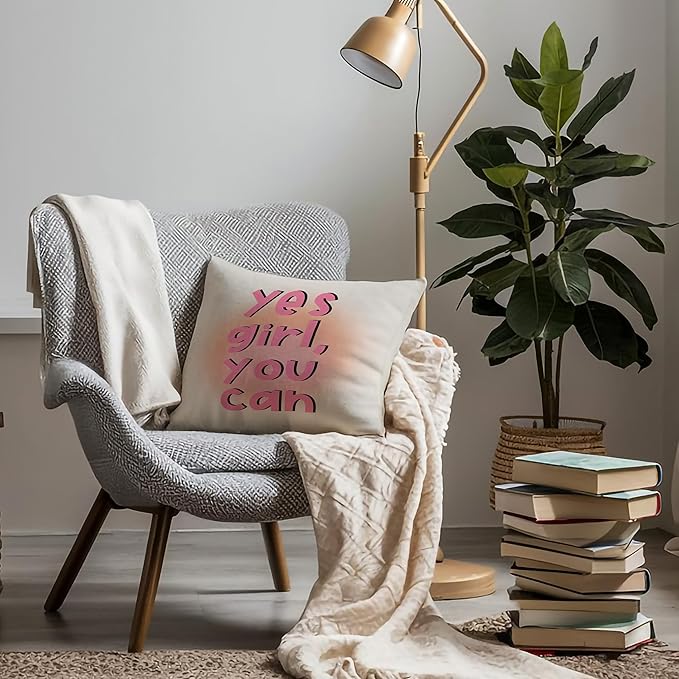Yes Girl You Can Inspirational Pillow Covers 18x18, Positive Affirmation Gifts for Women Teen Girls, Preppy Pink Feminist Throw Pillow Covers Decorative for Home Teen Girls Room Dorm Apartment