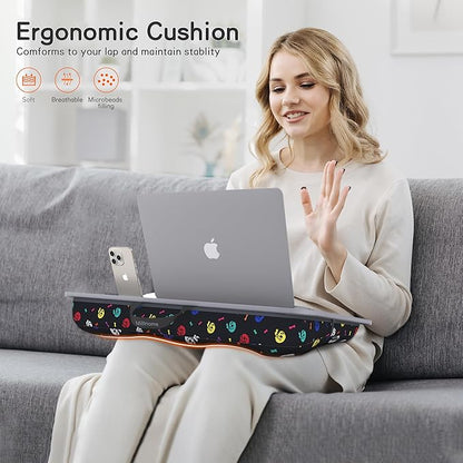 Millhome Lap Desk | Portable Laptop Desk – Fits Up to 17.3" Laptops – Detachable & Washable Cushion, Phone Holder, Device Ledge – for Writing, Working, Reading on Bed, Couch, Sofa, Floor – Black Skull