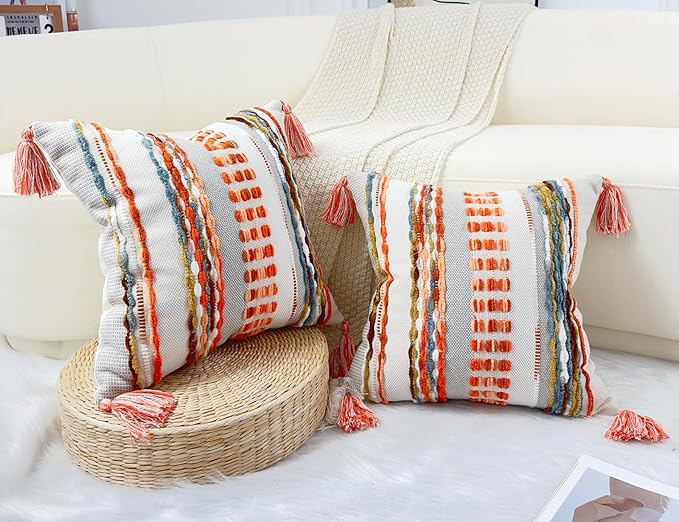 Boho Throw Pillow Covers 18x18 Aesthetic Neutral Boucle Couch Pillow Cover Rainbow Striped Decorative Accent Pillow Case for Couch Bed Sofa Farmhouse Bedroom,Modern Funky,Set of 2 Red