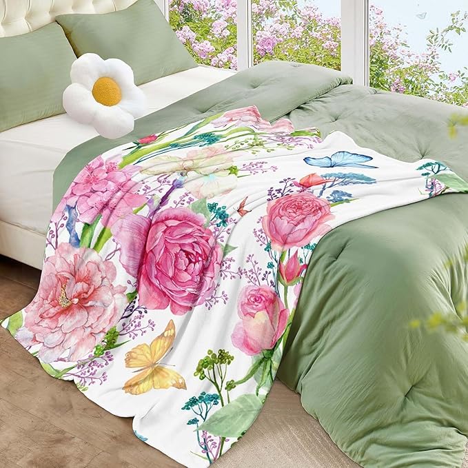 Floral Throw Blanket Birthday for Mom Women Watercolor Flowers Blanket Soft Fuzzy Flannel Bed Blanket Plush Floral Throw for Couch Sofa Bed Chair 60"x80"