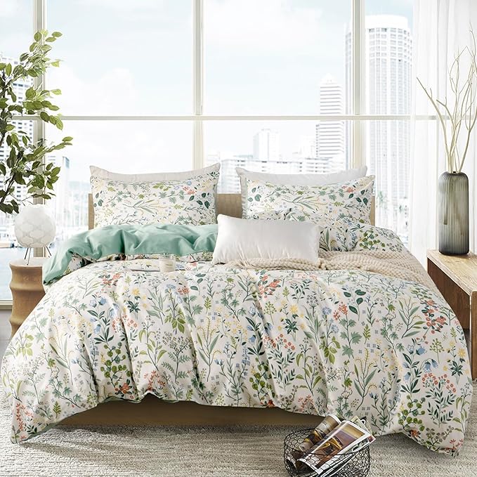 Floral Twin Duvet Cover 100% Brushed Microfiber 3 Pieces Fresh Chic Garden Style Green Wildflower Botanical Floral Pattern Printed Twin Flower Duvet Cover with Zipper Closure