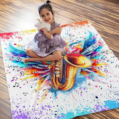 Music Saxophone Blanket for Kids Teens Adults, Music Note Throw Blanket Gifts for Music Lovers Boys Girls, 60x80 Inches Soft Flannel Blanket Music Decor for Bed Couch Sofa Home