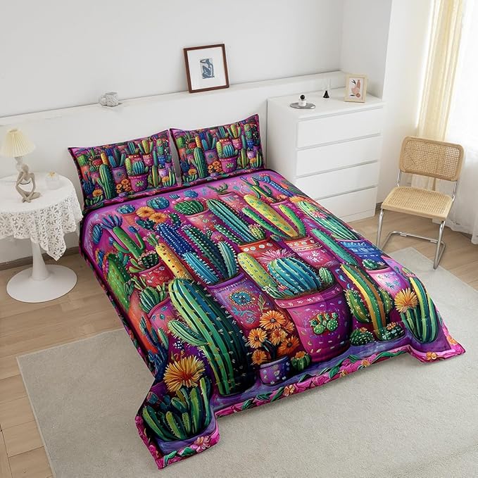 3D Cactus Comforter Set Twin Size Western Bohemia Rustic Bedding Set Bedroom Decor Tropical Nature Botancial Quilt Set for Kids Boys Girls Exotic Tribal Style Duvet Insert 2Pcs