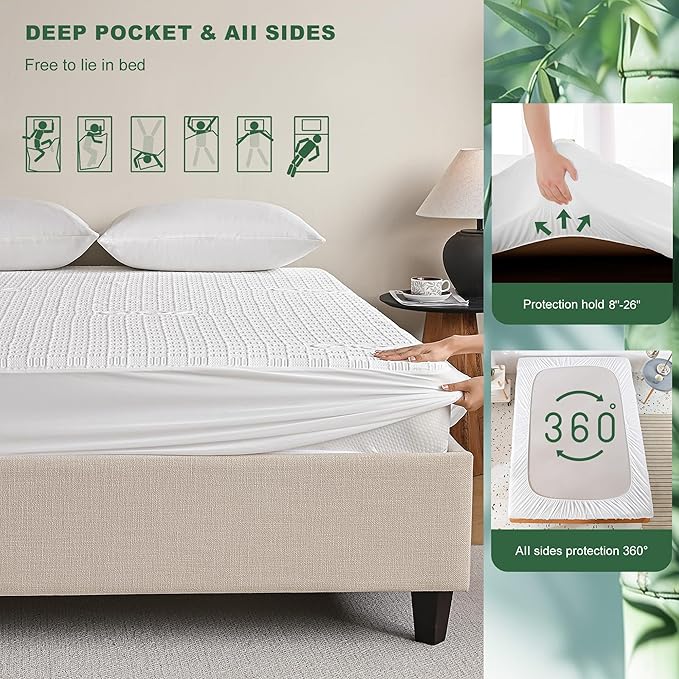 GRT Queen Waterproof Mattress Protector, Rayon Made from Bamboo Mattress Cover, Breathable Cooling Soft Mattress Protector, Machine Washable Mattress Pad with 8''- 26'' Deep Pocket