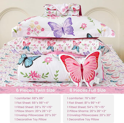 Mooreeke Full Size Comforter Sets for Girls Kids, 8 Pieces Bed in a Bag Flower Butterfly Bedding Comforter Sheet Set with Shams and Decorative Toy Pillow, Ultral Soft Microfiber Kids Bed Set