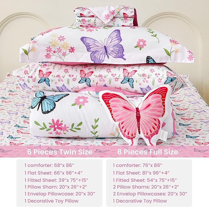 Mooreeke Twin Size Comforter Sets for Girls Kids, 6 Pieces Bed in a Bag Flower Butterfly Bedding Comforter Sheet Set with Shams and Decorative Toy Pillow, Ultral Soft Microfiber Kids Bed Set
