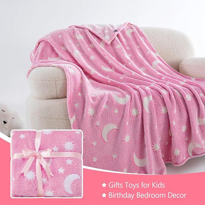 QSTEHEML Pink Moon Glow in The Dark Blanket,Star Gifts Toys for Kids Girls Birthday Christmas Bedroom Decor for Age 3-12 Years Old Toddler Teens Child Daughter Soft Luminous Blanket，50"×60"