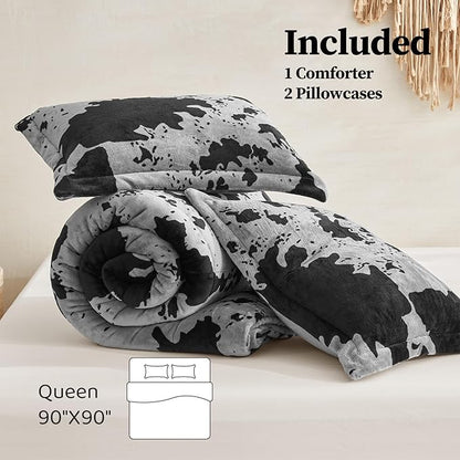 Petrichor Velvet Flannel Queen Comforter Set-Cow Print Western Style Blanket,Luxury Fuzzy Heavy Bedding Set, 3 Pieces Plush Winter Bed Set with Comforter (90"x90") & 2 Pillow Shams (20"x26")