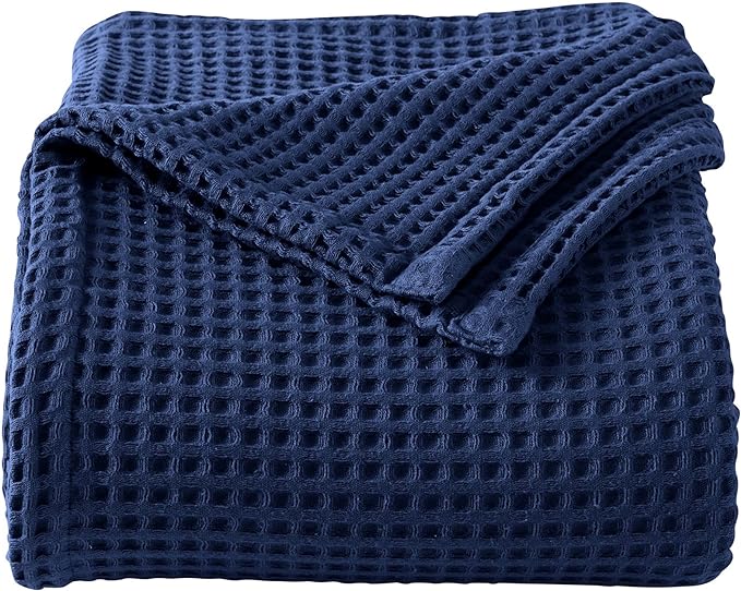 100% Cotton Waffle Weave Bed Blanket | Soft, Breathable, and Lightweight Blanket for All-Season | Perfect for Layering | Brielle Collection (Full/Queen, Navy)
