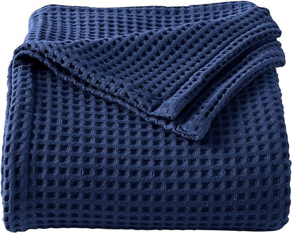 100% Cotton Waffle Weave Bed Blanket | Soft, Breathable, and Lightweight Blanket for All-Season | Perfect for Layering | Brielle Collection (Full/Queen, Navy)