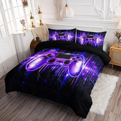 3D Gamepad Comforter Set Cool Purple Game Printed Bedding Set with 1 Comforter and 2 Pillowcases for Boys and Girls Bedroom All Season(Gamepad Full)