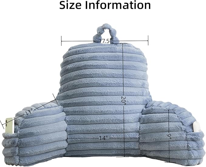 Faux Fur Fluffy Dusty Blue Reading Pillow with Pockets, Luxury Striped Plush Decorative, Arm Rests and Back Support for Bed Rest, Lounging on Sofa, Extra Large Size for Adult.