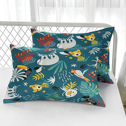 Kids Zoo Animal Queen Bedding Sets, Cartoon Wild Animals Comforter Set Safari Animals Print Comforter for Boys Girls Children Teens Bedroom Decor with 1 Comforter and 2 Pillowcases