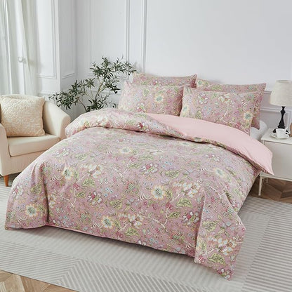 URBONUR Floral Duvet Cover Queen 100% Cotton Botanical Garden Flower Printed Bedding Reversible Pink Branches Leaves Pattern Comforter Covers French Country Bedding