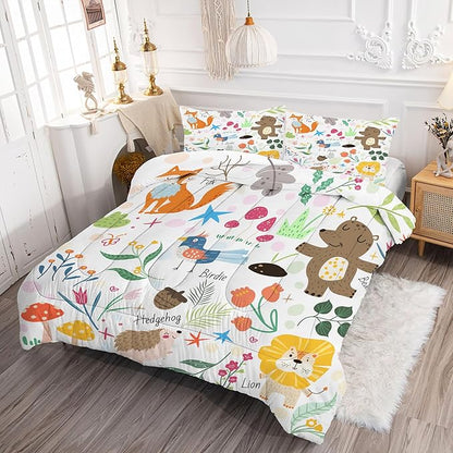 Comforter Set Cartoon Animals: King Size Cute Bedding Sets for Women Adult Teens Girls Kawaii Bedroom Fox Bear Lion Flowers Soft Quilt Bed Set 1 Comforter & 2 Pillowcases