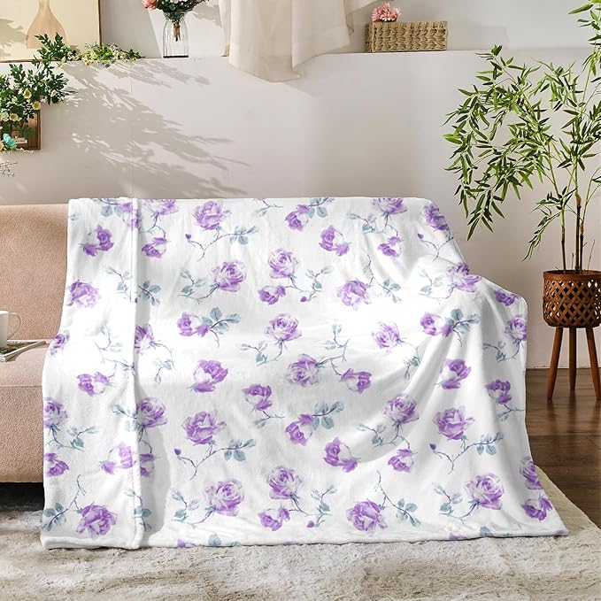 Floral Throw Blanket Birthday Gift for Women Mom Girls Purple Flowers Blanket Summer Wildflower Flannel Blanket Watercolor Printed Throw for Couch Sofa Bed Chair 50"x60"