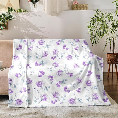 Floral Throw Blanket Birthday Gift for Women Mom Girls Purple Flowers Blanket Summer Wildflower Flannel Blanket Watercolor Printed Throw for Couch Sofa Bed Chair 50"x60"