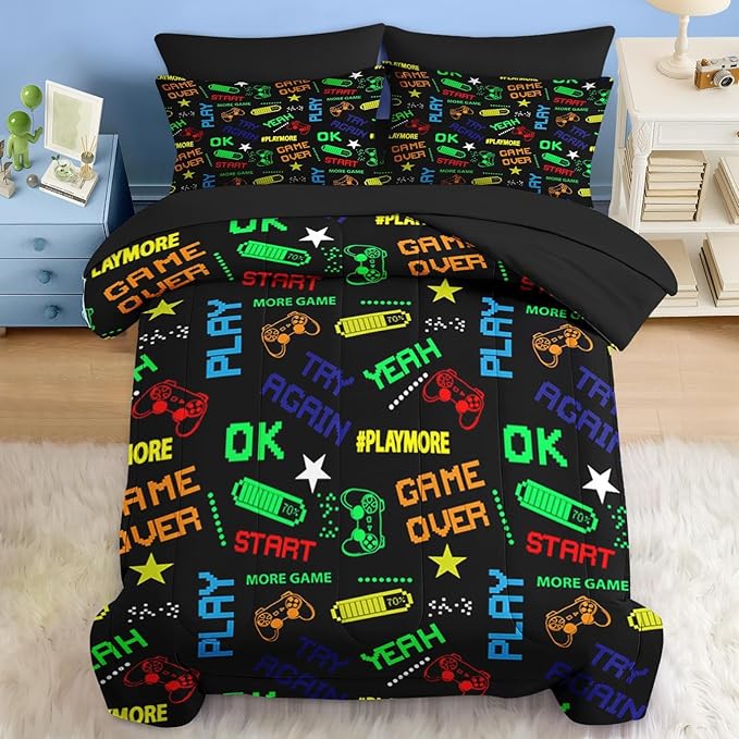 Comforter Set Twin Size, Retro Computer Gamepad 5 Pcs Bedding for Kids and Adults, Cartoon Video Game Bed Sheet Sets with Fitted Sheet Pillowcase & Sham for Bedroom Bed Decor