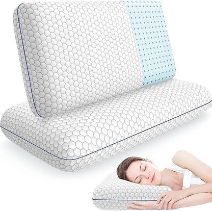 Memory Foam Pillows for Side, Back and Stomach Sleepers, Set of 2, Bed Pillow with Washable Cover and Breathable Mesh, Bed Pillow for Sleeping (Grey，Queen Size)