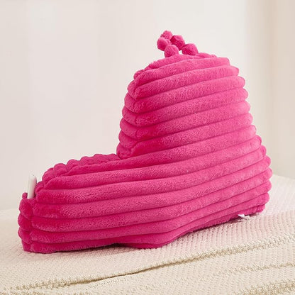 Faux Fur Fluffy Hot Pink Reading Pillow with Pockets, Luxury Striped Plush Decorative, Arm Rests and Back Support for Bed Rest, Lounging on Sofa, Extra Large Size for Adult.
